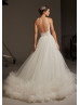 Ivory Lace Tulle Ruffle Illusion Back Wedding Dress